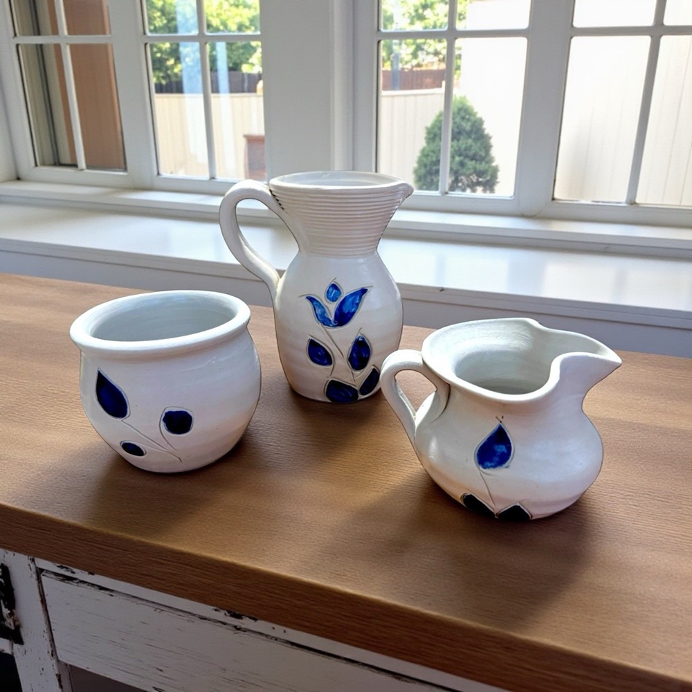 3 Williamsburg Pottery Salt Glazed Gray Cobalt Blue Leaf Pitcher, Creamer, Sugar